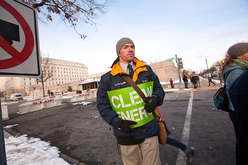 Power Shift 2009, Washington DC. Students from across the country assemble to march on and protest outside the coal fired power plant that supplied Capitol Hill with power. Activists were led by writer Wendell Berry, NASA scientist Jim Hansen, Terry Tempest Williams, writer/activist Bill McKibbben, actress Daryl Hannah and others in an act of civil disobedience, the 1st large scale action. Tim DeChristopher, who was not allowed to be on the line for arrest, supported protesters with motivational speeches.  : Tim DeChristopher : Sallie Dean Shatz