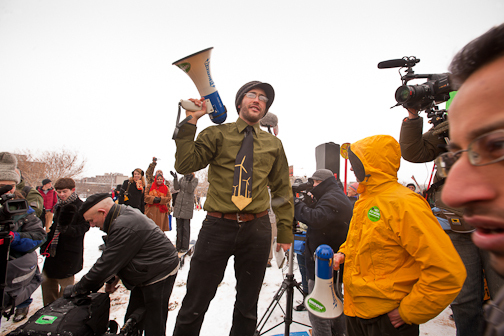 Power Shift 2009, Washington DC. Students from across the country assemble to march on and protest outside the coal fired power plant that supplied Capitol Hill with power. Activists were led by writer Wendell Berry, NASA scientist Jim Hansen, Terry Tempest Williams, writer/activist Bill McKibbben, actress Daryl Hannah and others in an act of civil disobedience, the 1st large scale action. : Tim DeChristopher : Sallie Dean Shatz