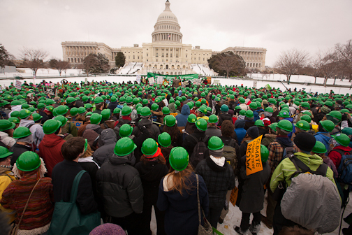 Power Shift 2009, Washington DC. Students from across the country assemble to march on and protest outside the coal fired power plant that supplied Capitol Hill with power. Activists were led by writer Wendell Berry, NASA scientist Jim Hansen, Terry Tempest Williams, writer/activist Bill McKibbben, actress Daryl Hannah and others in an act of civil disobedience, the 1st large scale action. : Tim DeChristopher : Sallie Dean Shatz