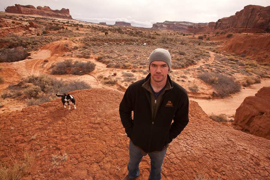 Tim DeChristopher on of the parcels that he won in his act of civil disobedience at the December 19, 2008 BLM oil and gas auction. This is the first time he stood on the parcels that he won. These parcels were later pulled from being auctionable by the Obama administration. : Tim DeChristopher : Sallie Dean Shatz