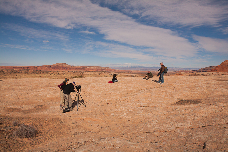 Beth and George Gage and their film crew preparing to interview Tim DeChristopher who is, for the first time standing on one of the parcels of land that he won in an act of civil disobedience in the December 19, 2008 BLM oil and gas lease auction. These parcels were later pulled from being auctionable by the Obama administration. : Tim DeChristopher : Sallie Dean Shatz