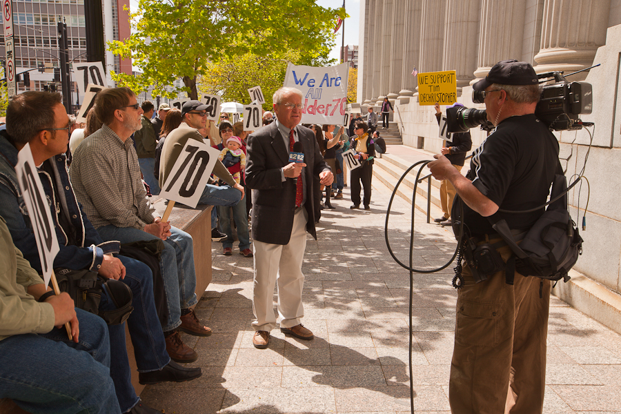 April 26th, 2009, Tim DeChristopher's arraignment in Salt Lake City, Utah. Supporters escorted DeChristopher with a rally at the City Library and marched with him to the Federal Court House. : Tim DeChristopher : Sallie Dean Shatz