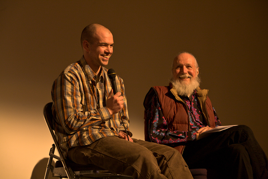 Tim DeChristopher and Lance Christi speaking at an event in Moab, Utah about his act of civil disobedience on December 19th, 2008 at the BLM oil and gas lease auction. He was greeted with a standing ovation. : Tim DeChristopher : Sallie Dean Shatz