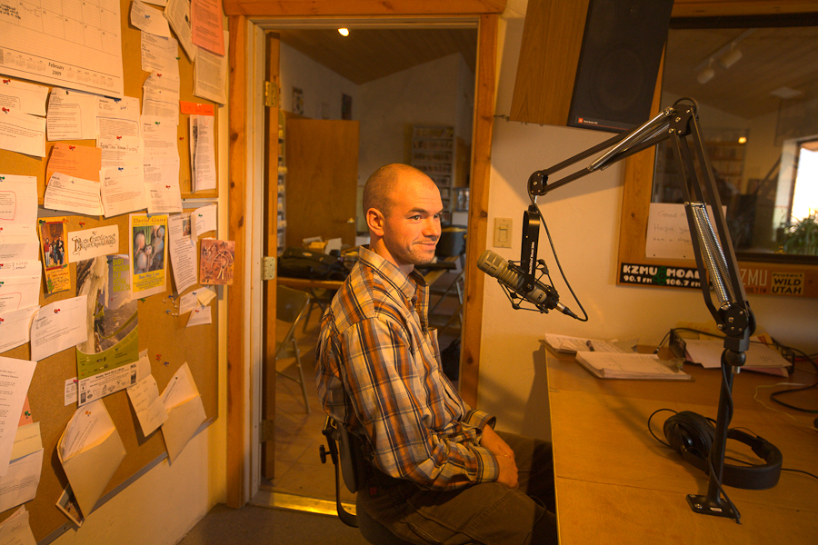 Tim DeChristopher being interview at KZMU, Moab Utah's solar power radio station the day of his presentation to the community with Lance Christi. : Tim DeChristopher : Sallie Dean Shatz