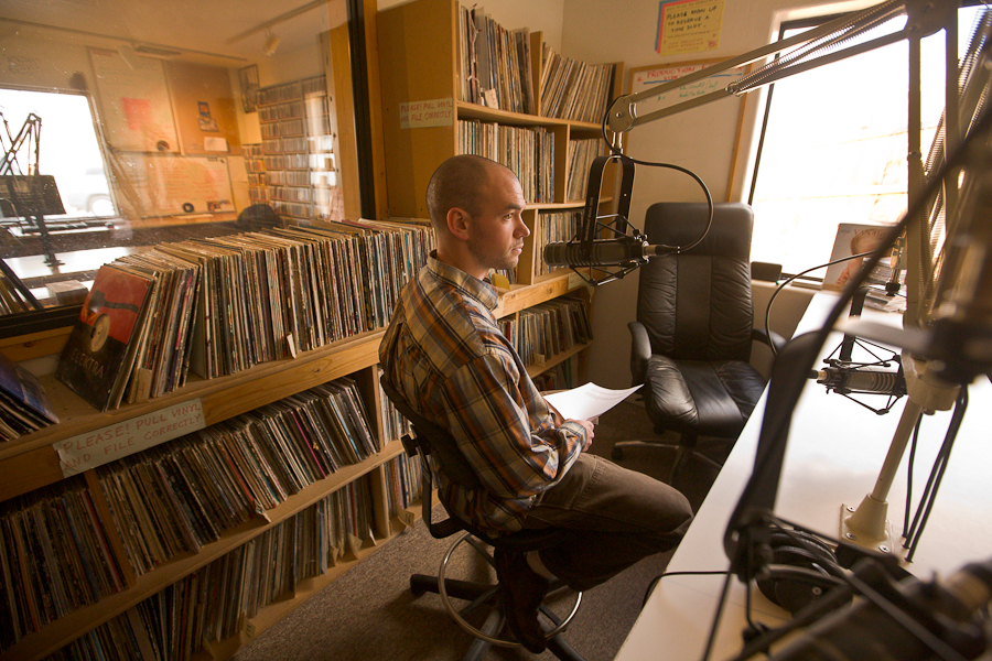 Tim DeChristopher being interview at KZMU, Moab Utah's solar power radio station the day of his presentation to the community with Lance Christi. : Tim DeChristopher : Sallie Dean Shatz